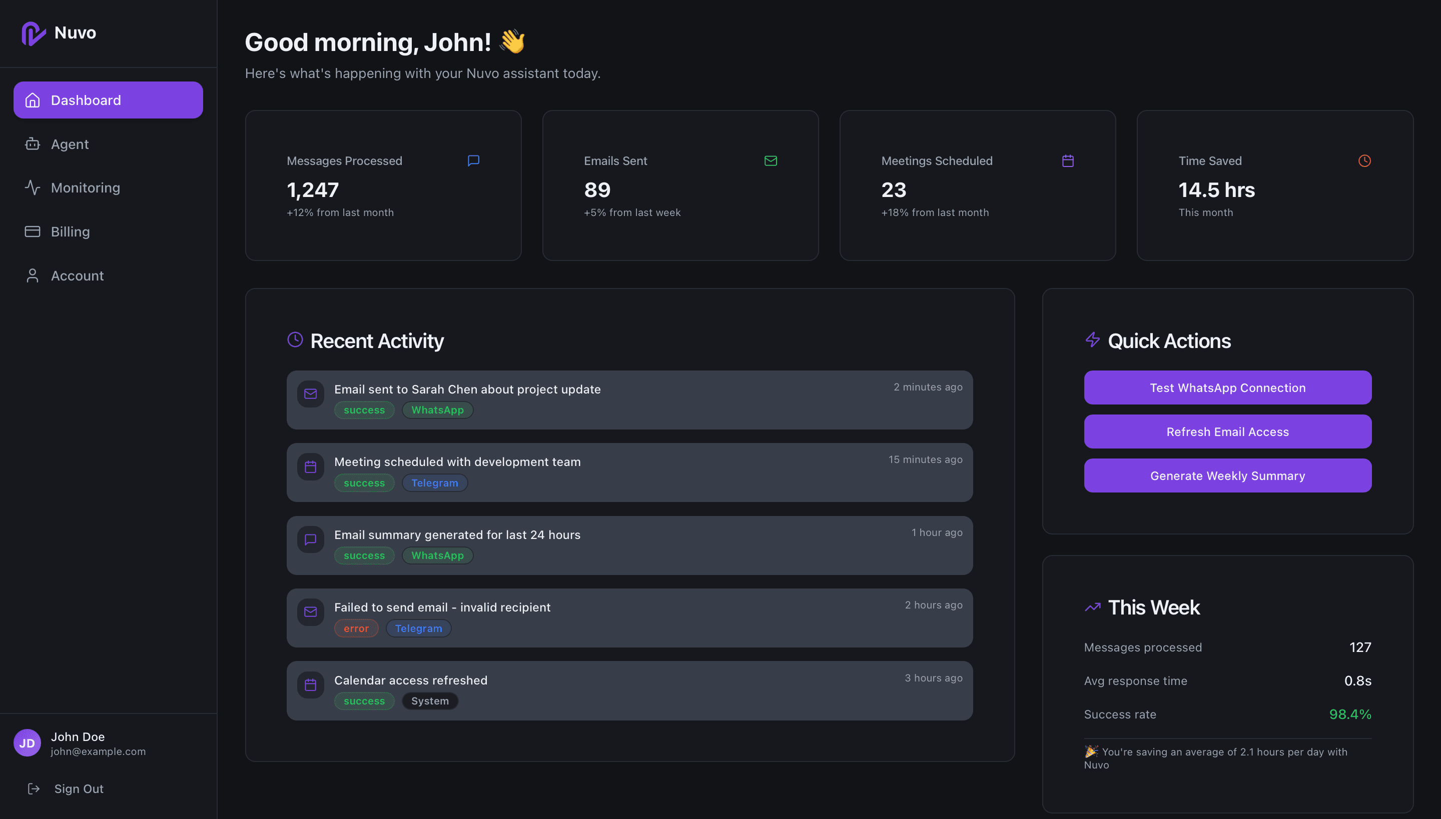 Person using Nuvo AI assistant on WhatsApp